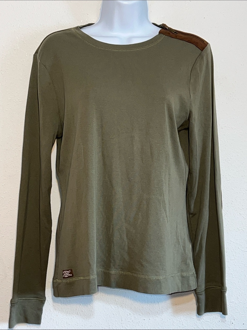 Ralph Lauren Olive Green Long-Sleeve Top with Brown Shoulder Tab size XL - Picture 3 of 12